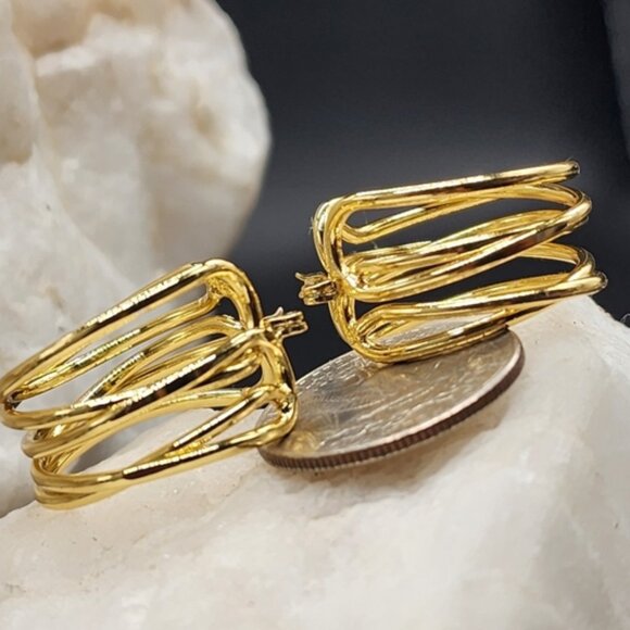 Rhodium/ 18 kt Gold Plated Hoops Earrings/Studs Contemporary Design - Picture 2 of 10